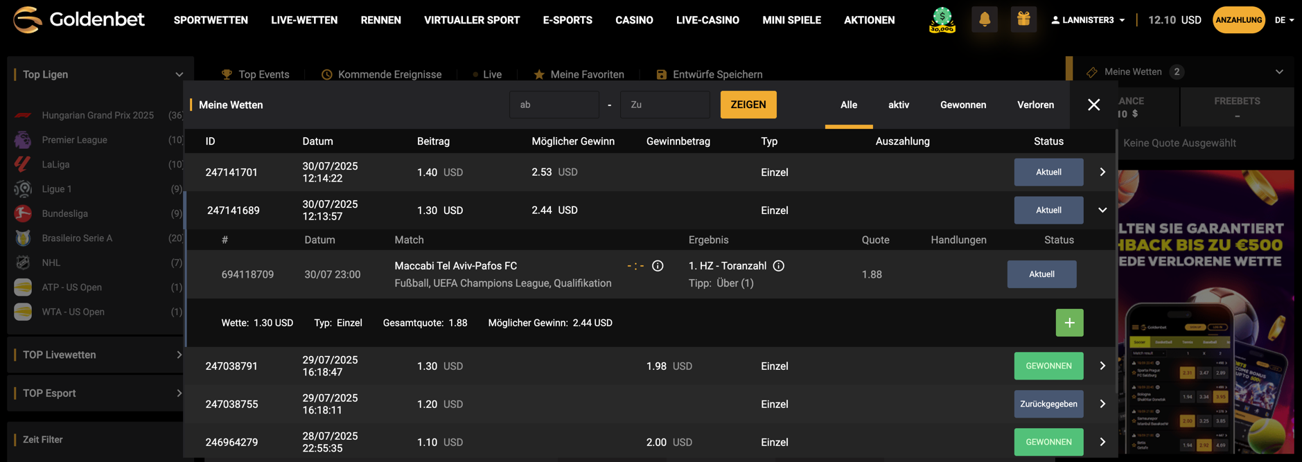 Goldenbet — Fenster mit der Wettgeschichte