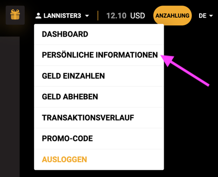 Goldenbet — Wählen Sie "PERSÖNLICHE INFORMATIONEN" im Kontomenü