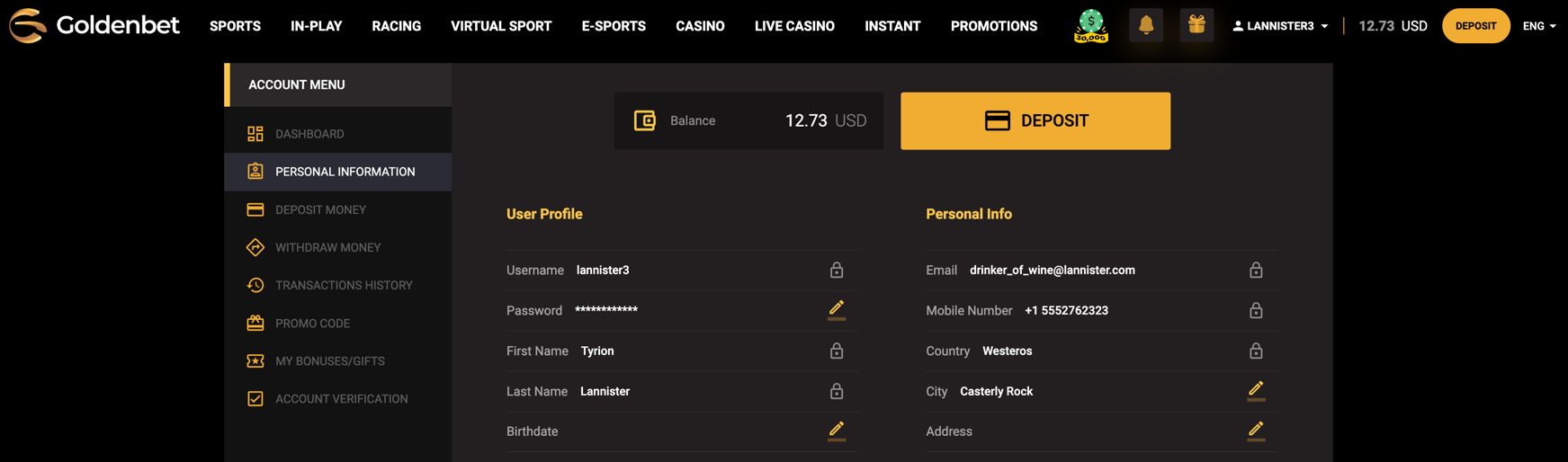 Goldenbet - account information page