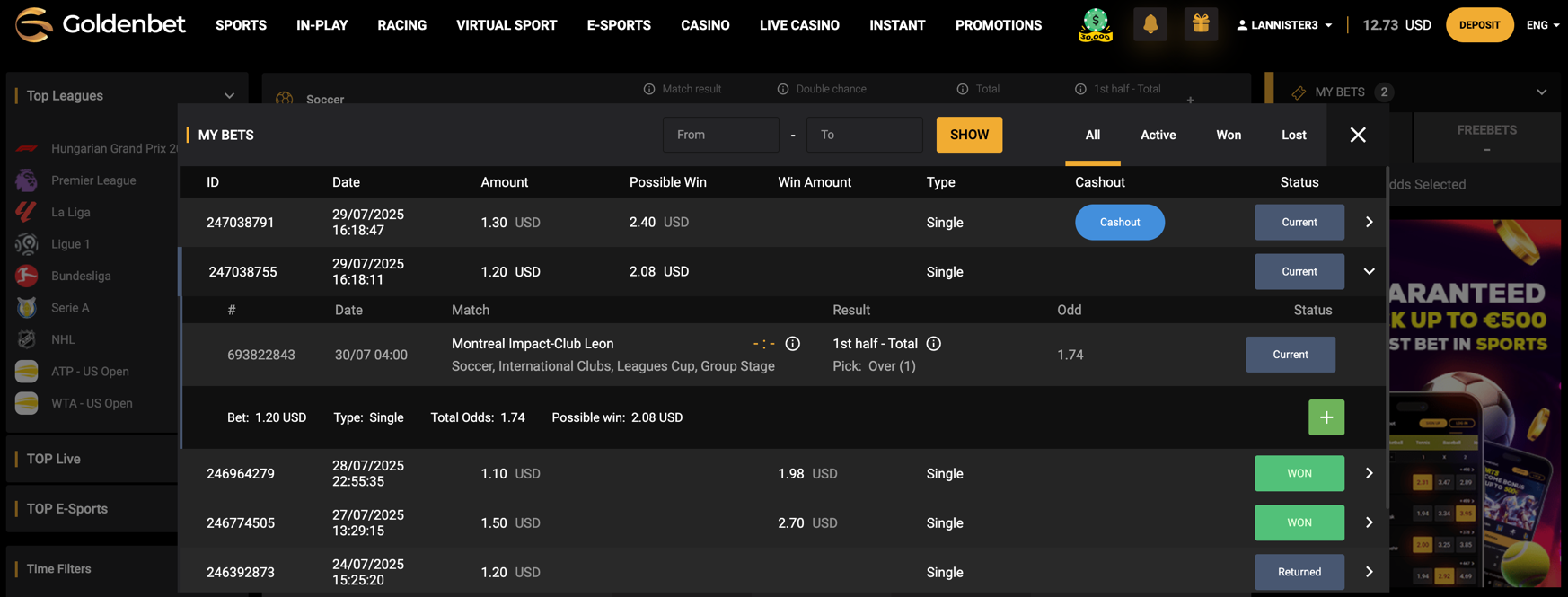 Goldenbet - your bet history window