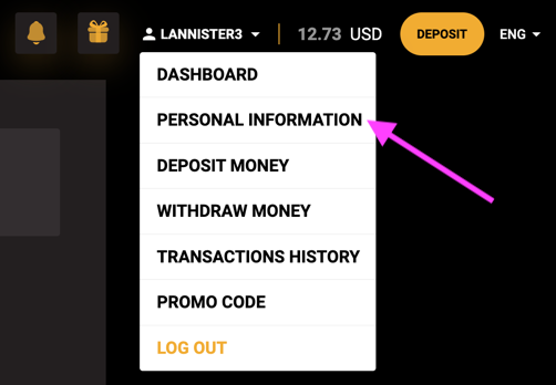 Goldenbet-selecting "PERSONAL INFORMATION" from the account menu