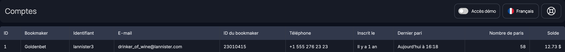BetMetrics — données de compte importées