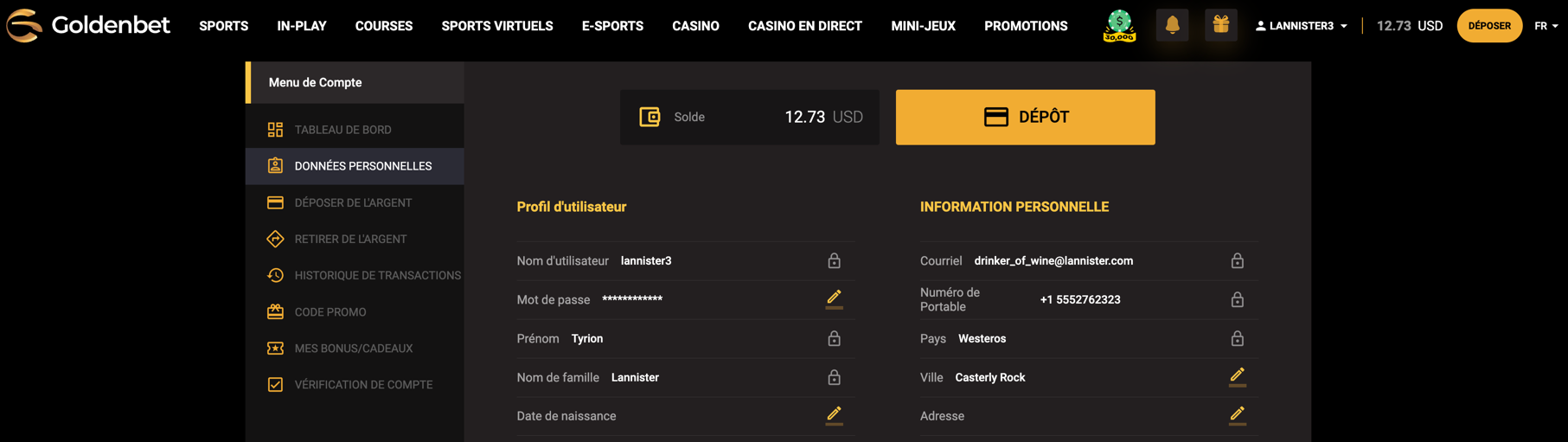 Goldenbet — page avec les informations du compte