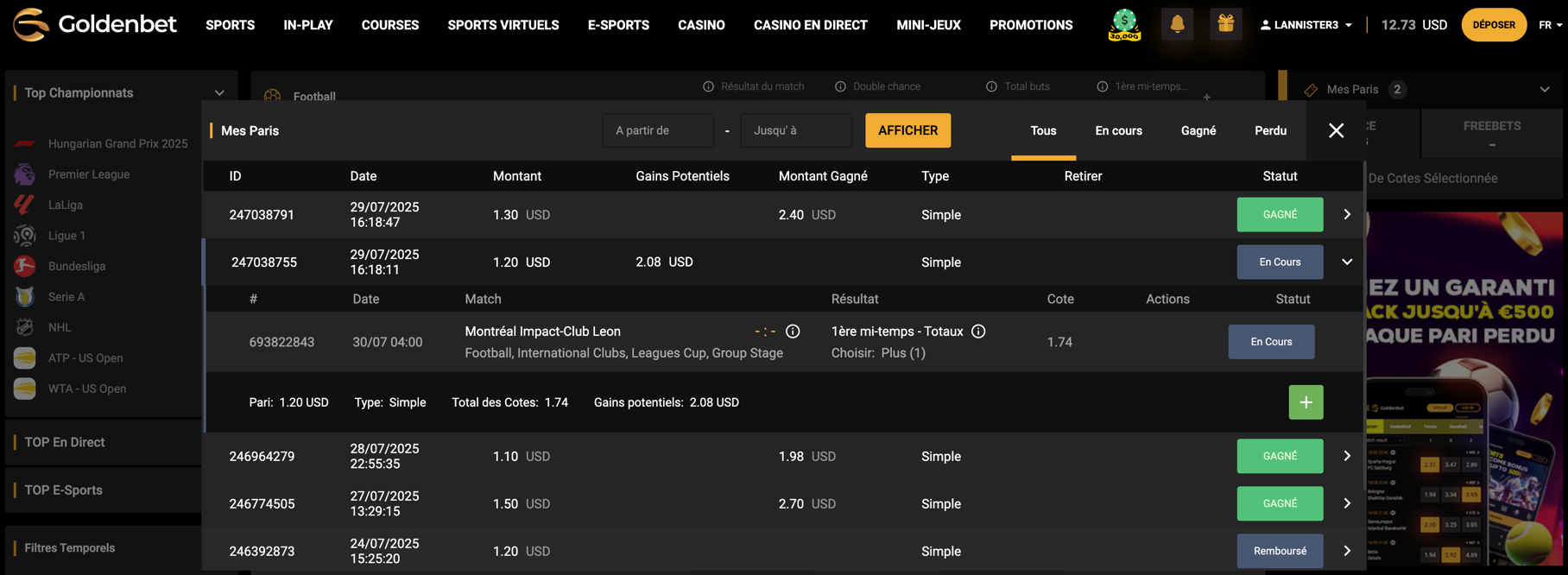 Goldenbet — fenêtre avec l'historique de vos paris