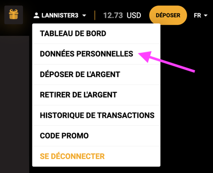 Goldenbet — sélectionnez "DONNÉES PERSONNELLES" dans le menu du compte