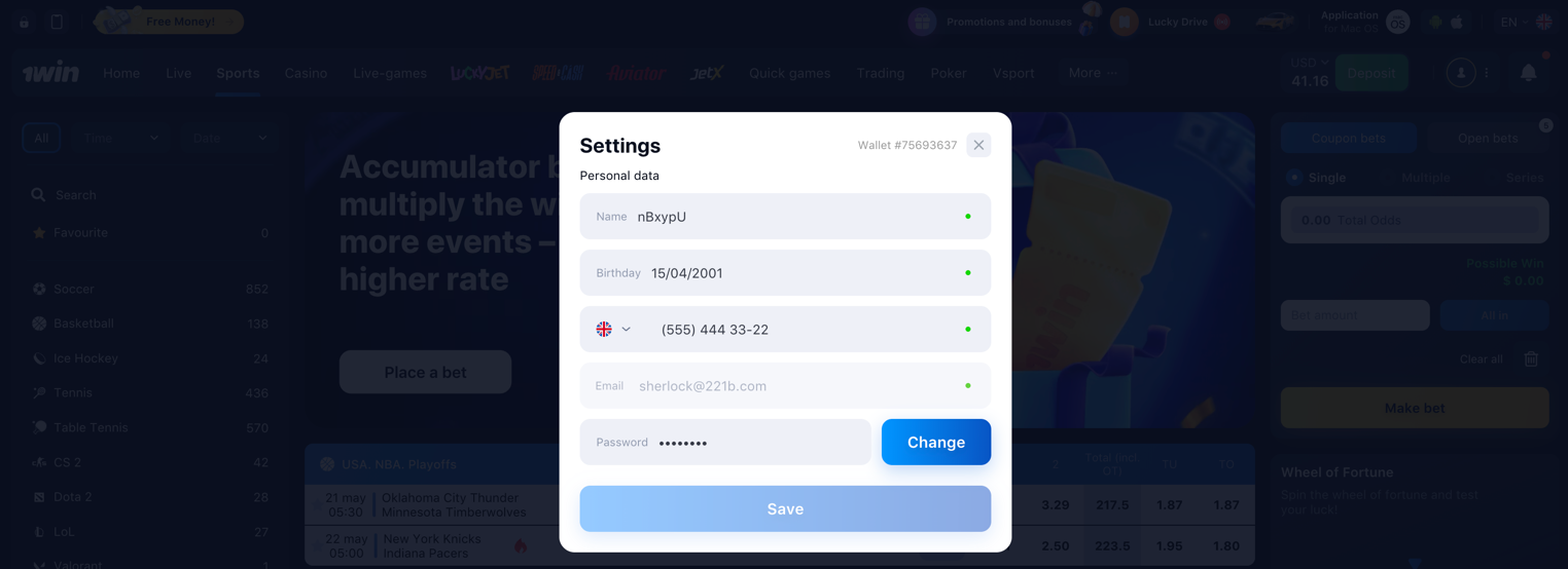 1win—"Settings" section