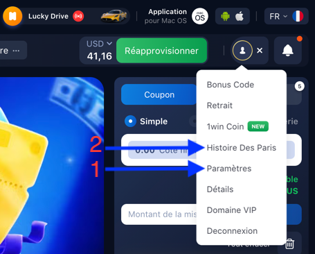 Menu du compte: sélectionnez "Paramètres" et "Histoire Des Paris"