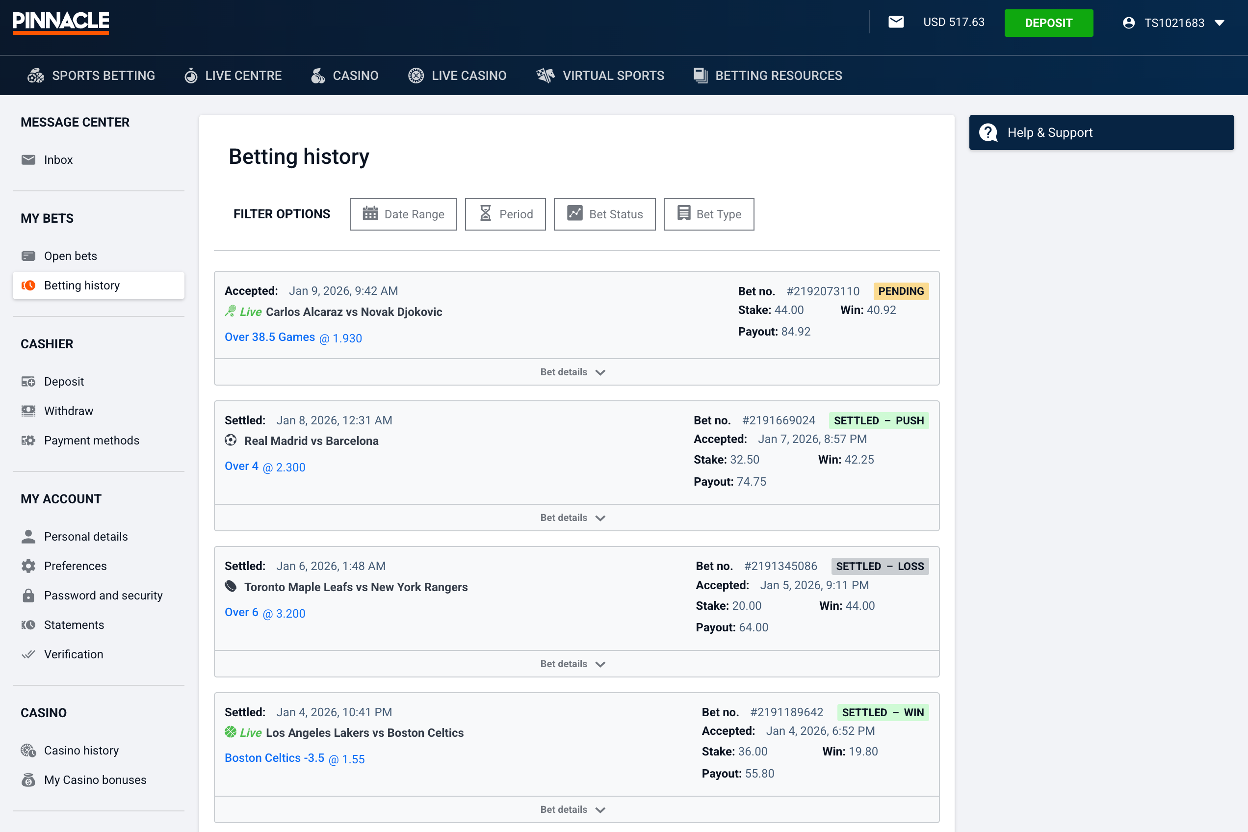 Pinnacle — betting history page