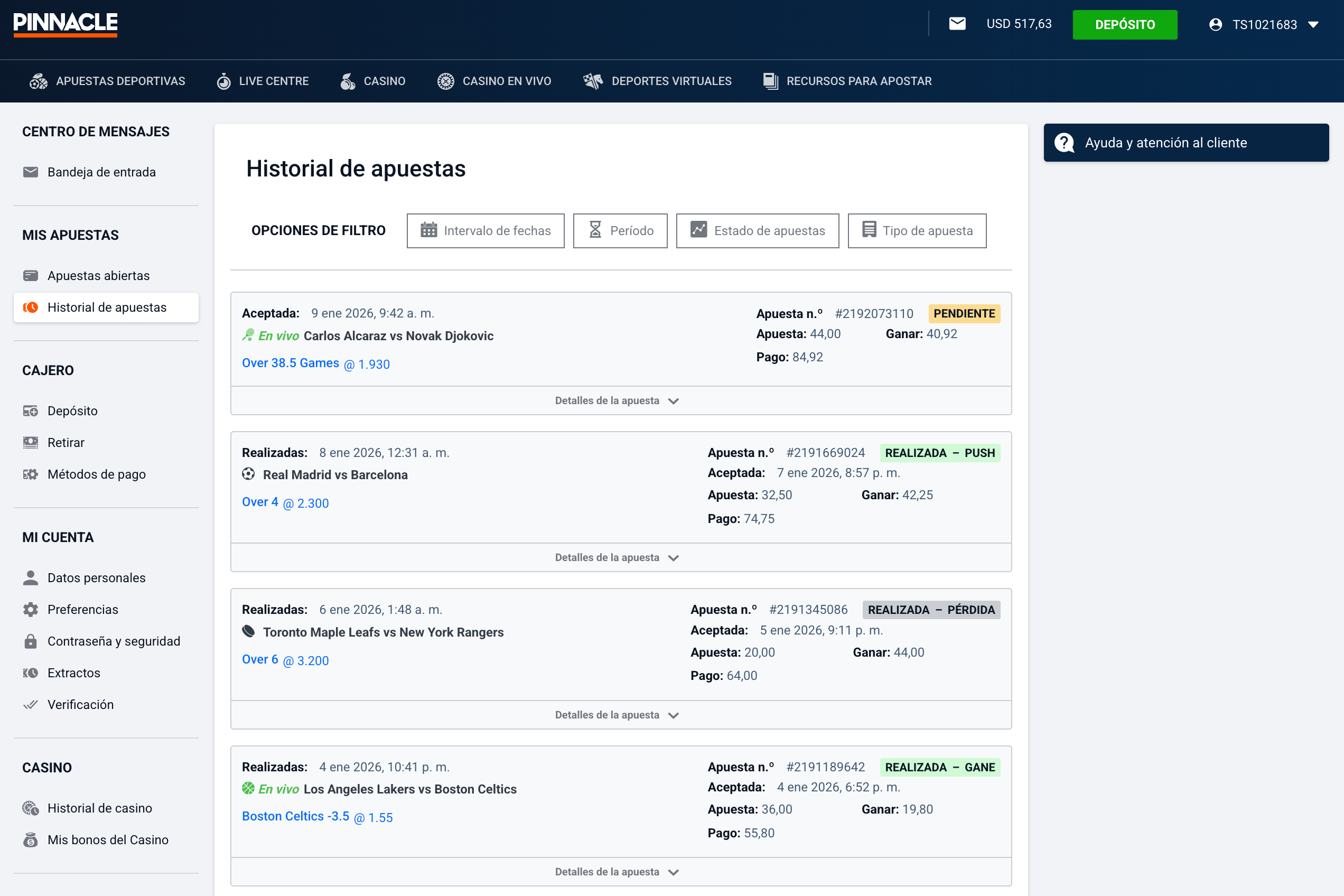 Pinnacle — página con el historial de tus apuestas