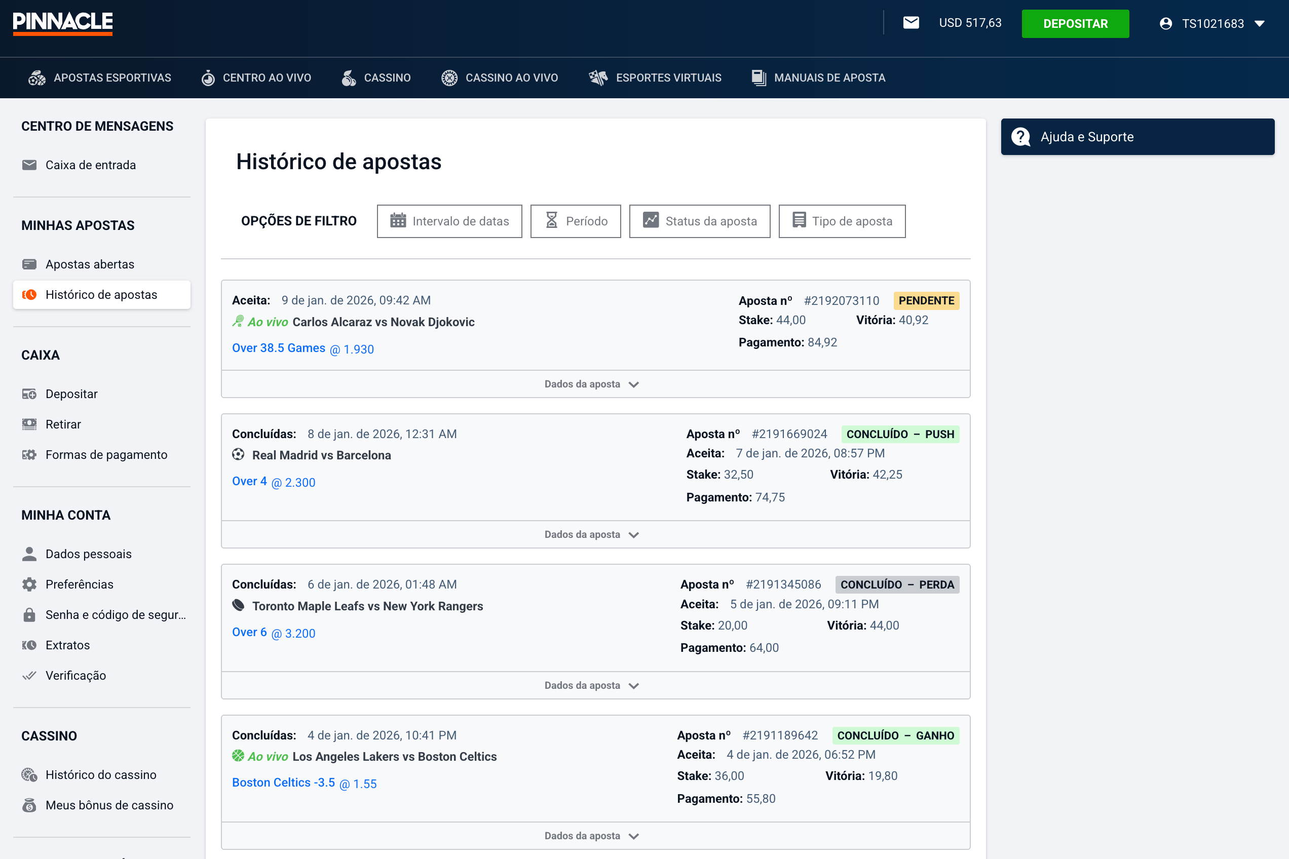 Pinnacle — página com o histórico das suas apostas