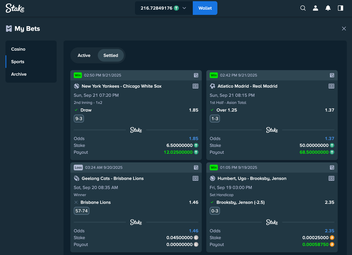 Stake - betting history page