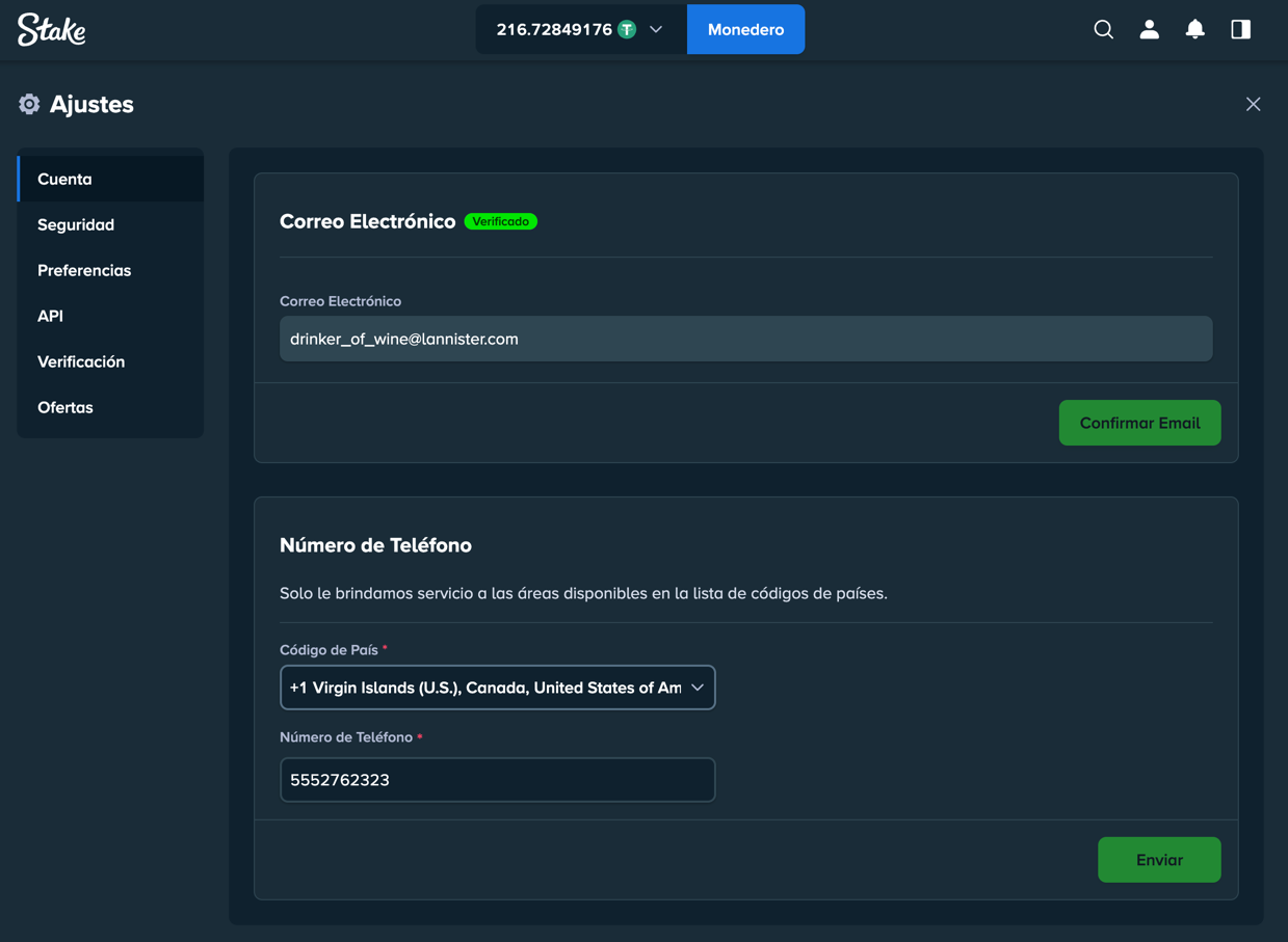 Stake - página de información de la cuenta