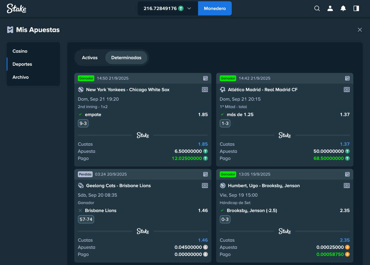 Stake - página del historial de apuestas