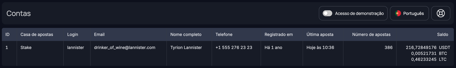 BetMetrics - dados da conta carregados