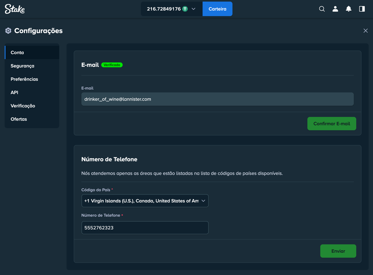 Stake - página com informações da conta