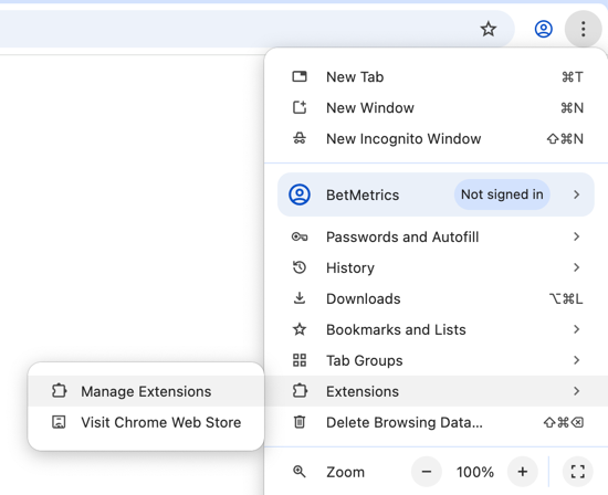 Opening the browser menu to manage extensions