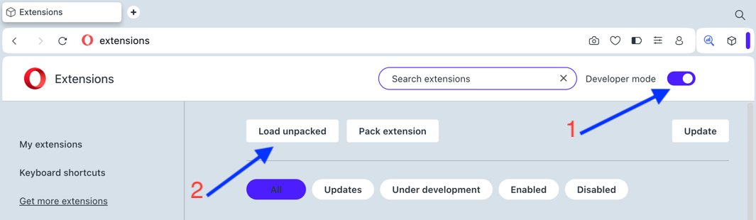 Installing an unpacked extension in developer mode