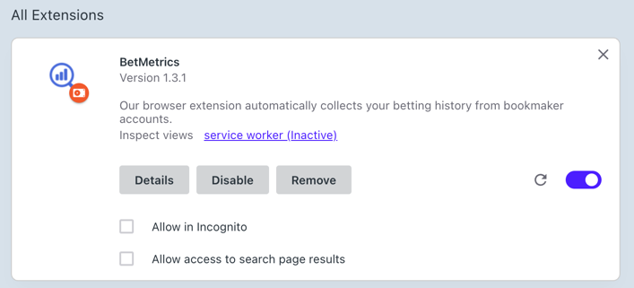Extension is active—toggle is blue