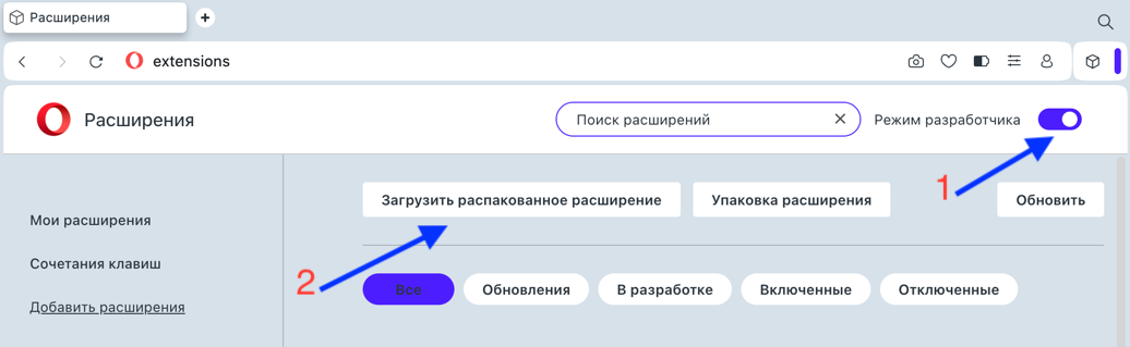 Установка распакованного расширения в режиме разработчика